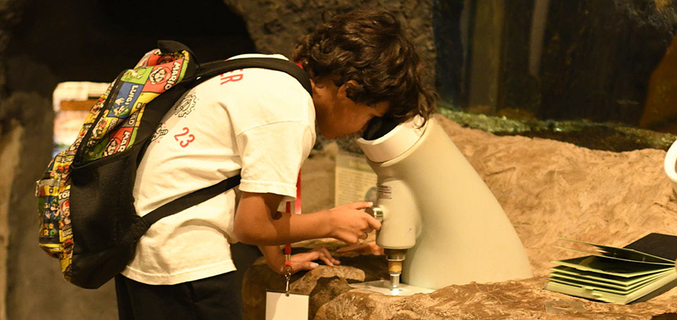 Student wearing a backpack is looking through a tubular display at a museum.